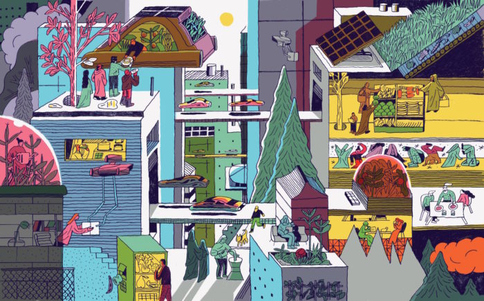 illustration by Josh Cochran of visions of future smart cities.